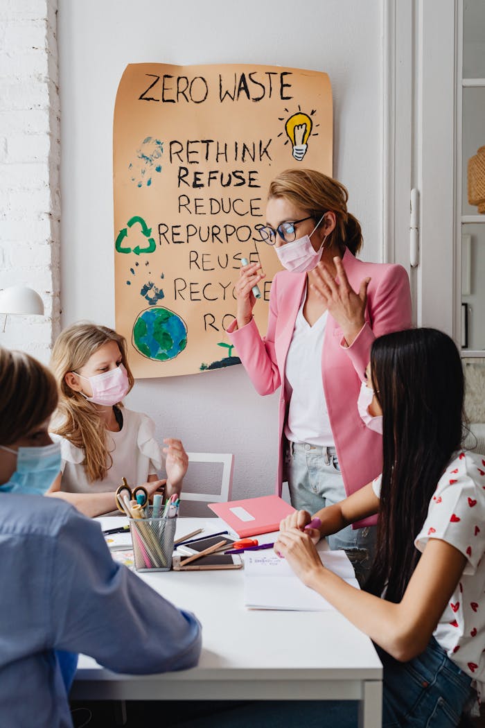 Students and teacher discuss zero waste concepts, wearing masks in a classroom setting.