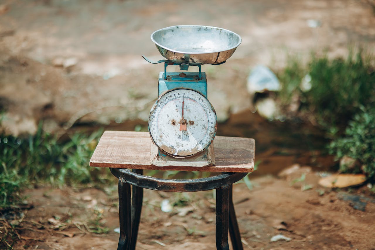 Vintage vibes in the outdoors! 🌄 An old-school scale sits proudly on a rustic stool, amidst a patch of earthy grounds with bits of grass peeking through. A blast from the past in a natural...